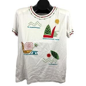 Vintage White T-Shirt Bright Beaded Patch Sequins Embellishment Medium NEW 1990s